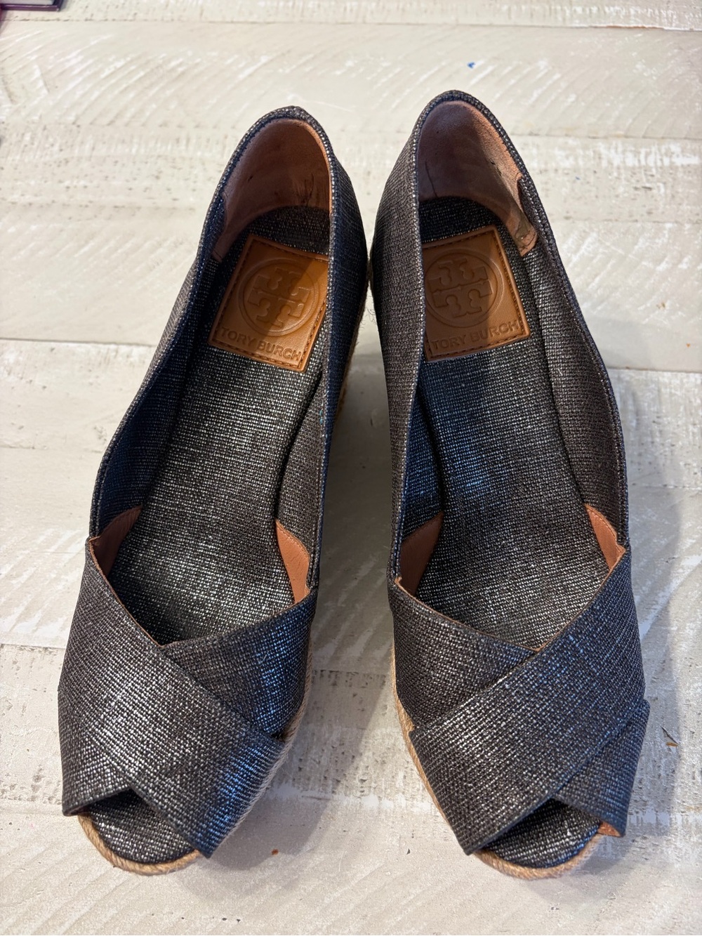 Tory Burch Metallic Charcoal Cross‑Front Wedge Peep‑Toe Shoes